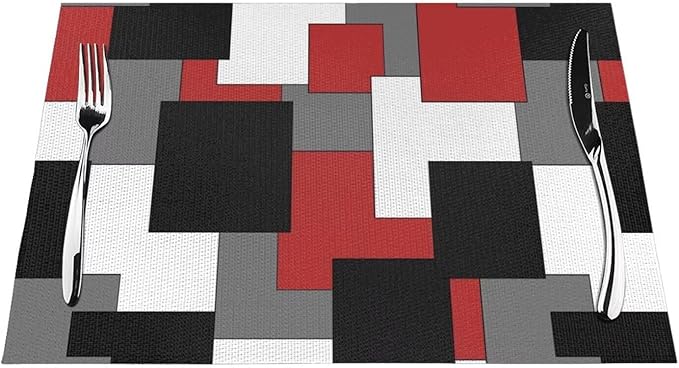 Red Black Grey White Placemats Set of 4 Abstract Modern Art Geometric Wipeable Table Mats Reusable Washable PVC Rectangle Place Mats for Kitchen Dining Home Decor 12x18 Inches