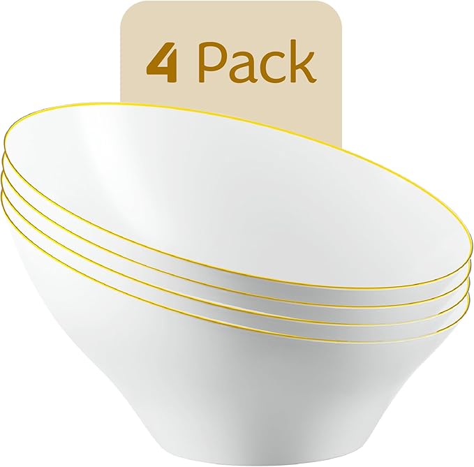 PLASTICPRO Angled Plastic Bowls Disposable Large Plastic White Serving Bowls with Gold Rim for Party for Appetizer Salads Pack of 4
