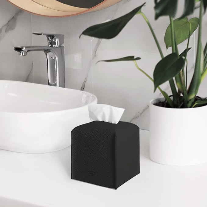 carrotez Tissue Box Cover, [Refined] Modern PU Leather Square Tissue Box Holder - Decorative Holder/Organizer for Bathroom Vanity Countertop, Night Stands, Office Desk & Car 5X5X5 - Black