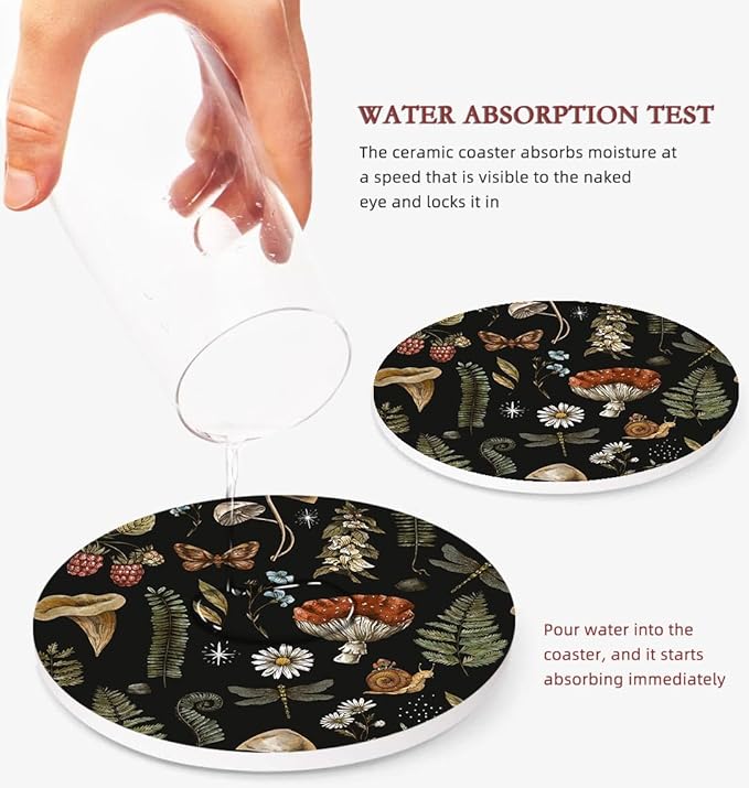 2 Pack Woodland Mushroom Car Coasters for Cup Holders Absorbent 2.56", Vintage Moth Witch Floral, Decoration Flower Wood Fern Leaf Herbs Botanical Ceramic Drink Coasters Cork Base Gift for Women Men