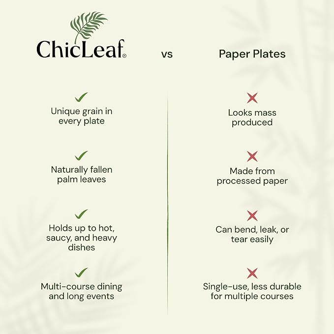 Chic Leaf Palm Leaf Disposable Bamboo Plates - Square Party Plates for Weddings, Parties, Event Appetizers - Biodegradable & Compostable - Romantic Dinner for 2 Party Supplies (10", 100 Pack)