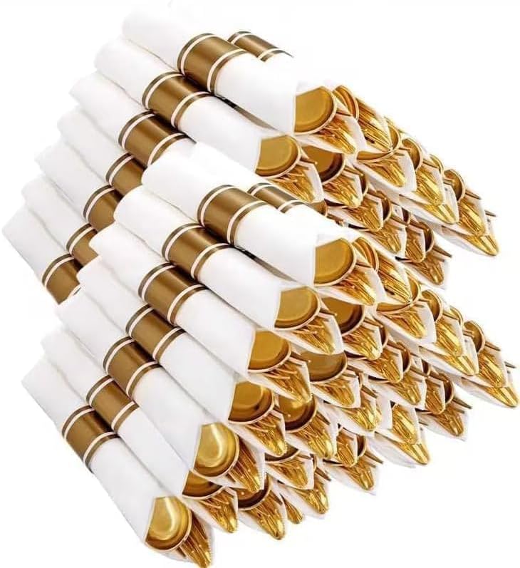 400PCS Pre Rolled Gold Plastic Silverware Sets by Joyido