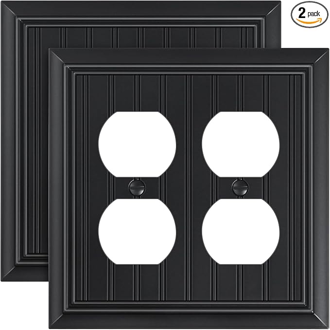 2-Pack Classic Beadboard Double Duplex Outlet Cover, Matte Black Decorative Switch Plates and Outlet Covers for Electrical Outlets, Durable Natural Bamboo Fiber Wall Plates, 2 Gang Receptacle Cover