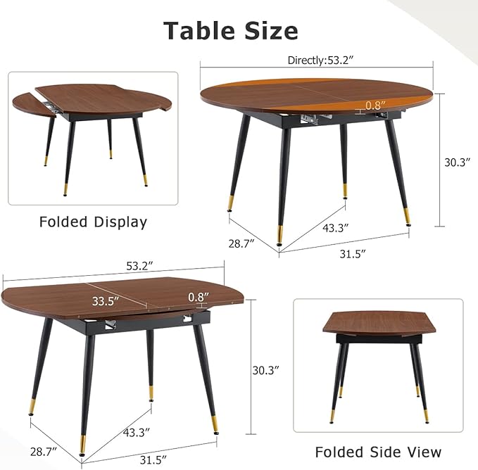 Extendable Dining Room Table｜53” Round Dining Table for 4-6｜Walnut Wooden Tabletop with Metal Legs｜Stable and Sturdy｜Easy Transform｜Easy Assembly｜Space Saving｜for Kitchen, Living Room