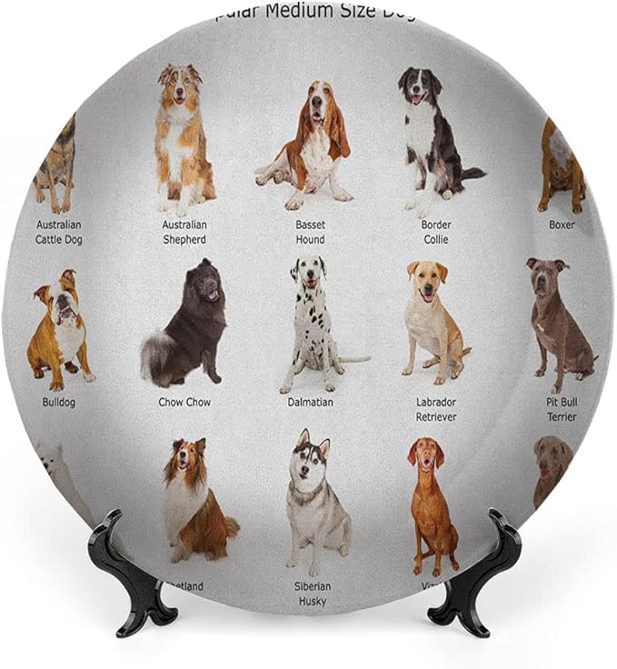 Ceramic Plates, Dog Decorative Ceramic Plates, AGroup of Different Puppy Breeds Family Type Species, 6 Inch, for Dining, Parties, Wedding, Multi
