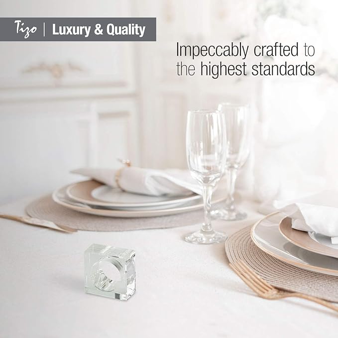 Tizo Design Elegant Crystal Napkin Rings Set-4, Crystal Glass Napkin Holders, Clear (Also Available in Smoke)