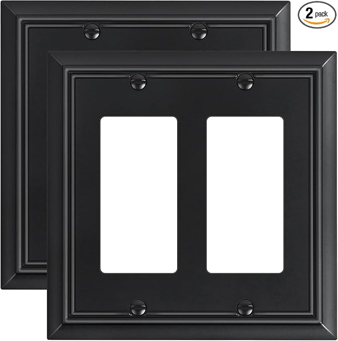 2-Pack Decorative Double Decorator Outlet Cover Plate, Matte Black Durable Natural Bamboo Fiber Wall Plates for Electrical Outlets, Receptacle, GFCI Outlet, Dimmer Switch, 2-Gang, Corrosion Resistant