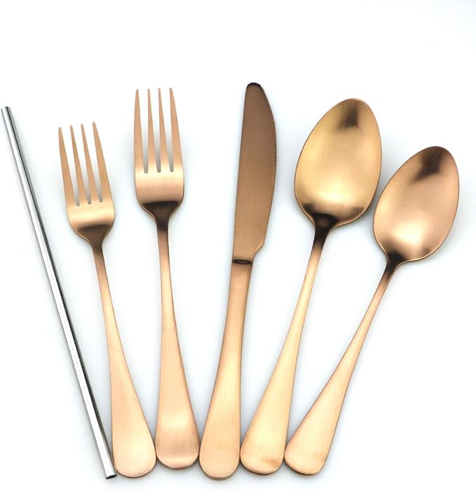 JASHII Modern Royal 20 Pcs Matte Rose Gold 18/10 Stainless Steel Utensils Cutlery Dinnerware Set w/ 4 Pcs Straw, Knife Fork and Spoon Flatware Set for Wedding Festival Christmas Party Service for 4