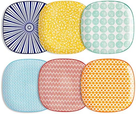 Selamica Porcelain Square Dessert Salad Pasta Steak Plates 10 inches ceramic plates set of 6 microwave/dishwasher/oven safe, Assorted Colors by Selamica