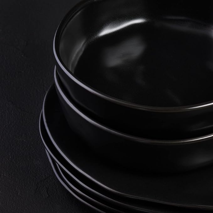 Stone by Mercer Project HEKONDA Modern Stoneware 32-Piece Dinnerware Set, Plate and Bowl Set, Dish Set for 8, Black
