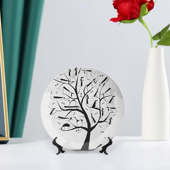 Ceramic Plates, Abstract Decorative Ceramic Plates, Monochrome Autumn Season Tree with Dog on The Branches, 7 Inch, Household Plates Decorative, Black and White
