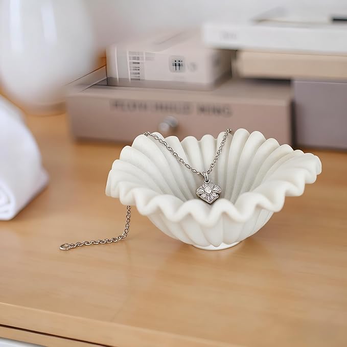 Small Decorative Bowl decor, Scalloped Pedestal Bowls for Modern Home Decor,Ruffle Decor,Stylish Key Bowl for Entry Table,Decorative Fruit Bowl for Kitchen Counter,Artificial Stone Milky White