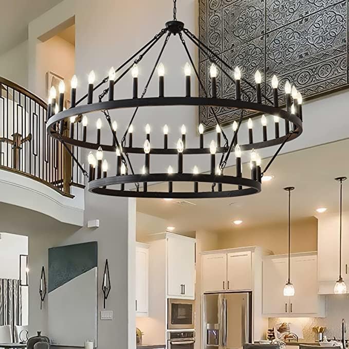 60 Inch Large Black Wagon Wheel Chandelier,2 Tier 54-Lights Farmhouse Industrial Country Style Round Pendant Light Fixture for Outdoor Porch high Ceilings Living Dining Room Foyer Entryway