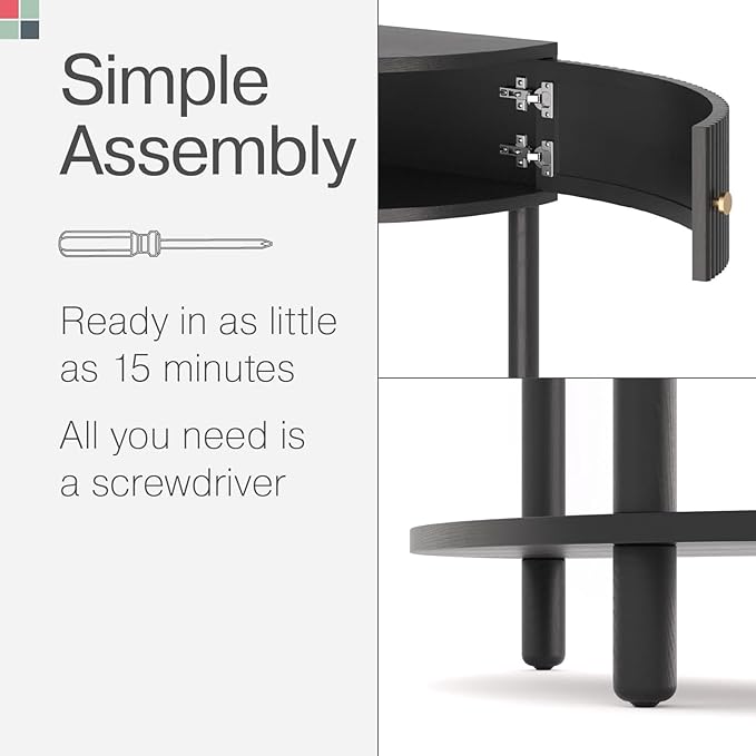Entryway Table Fluted Half Moon Console - Semicircular, Black Oak Veneer - Hidden Storage with Two Fluted Doors & Brass Knobs - Modern Narrow Console Table for Living Room & Hallway