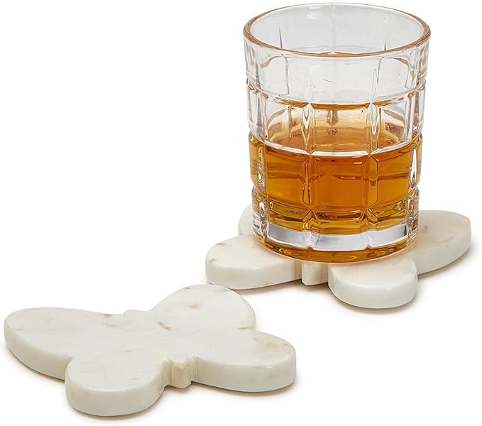 Two's Company Set of 4 Butterfly Marble Coasters - Marble