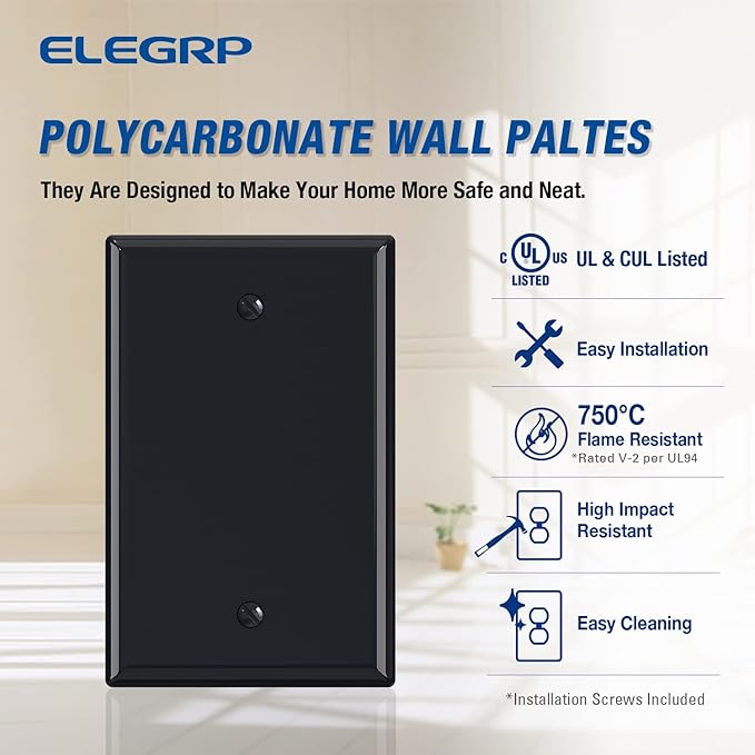ELEGRP 1-Gang Blank Device Wall Plates, Mid-Size 4.88" H x 3.13" L Unbreakable Thermoplastic Blank Faceplate Cover for Unused Outlets/Switches, UL Listed (1 Pack, Glossy Black)
