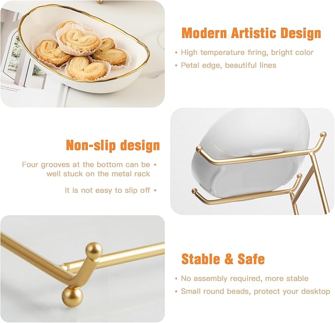 2 Tier Ceramic Fruit Bowl for Kitchen Counter, Tiered Fruit Basket for Countertop, Modern Multi Layer Fruit Display Stand for Party, Cute (Gold-rimmed, Small)