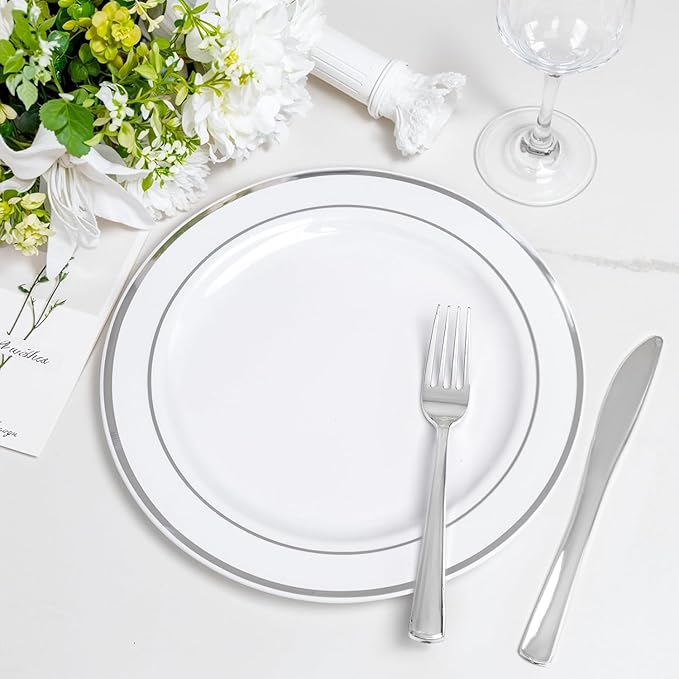 WELLIFE 144 Pieces Silver Plastic Dessert Plates, 7.5 inch Disposable Salad Plates, Premium White Appetizer Plates with Silver Rim, Ideal for Party, Wedding