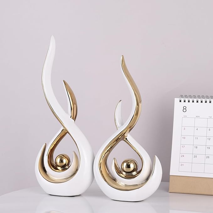 Ceramic Abstract 2 Piece Statue Set, White and Gold Home Decor Accents for Home Decor Statue Mantel Shelf Decor Unique Shelf Decor on Mantel, TV Cabinet Divider Table Top and Dining Table Centerpiece.