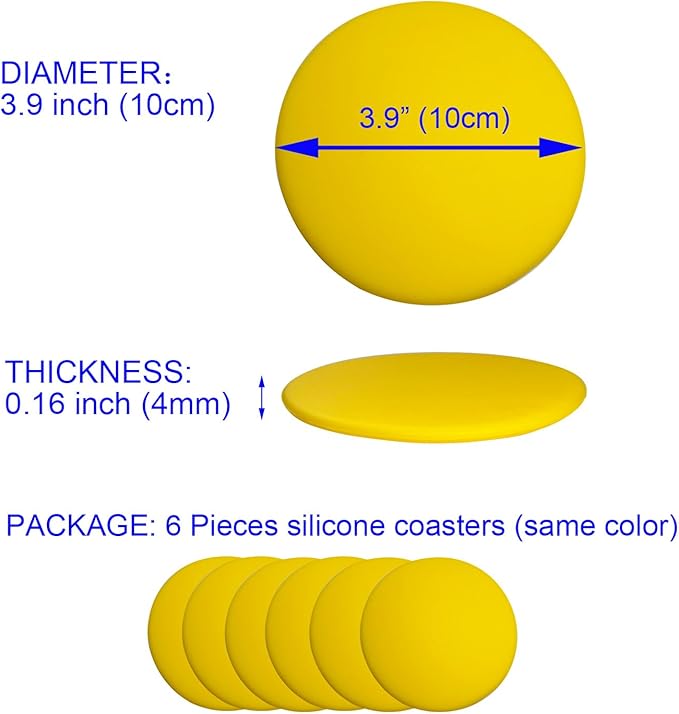 6 Pieces Silicone Coasters, Round Shape Hot Cup Mat for Drinks, Heat Resistant Glass Cushion, Coffee Coaster for Table, Desk, Kitchen, Office, Bar Protection (Yellow)