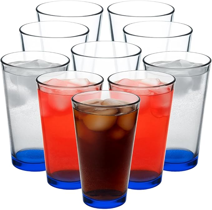 DISCOUNT PROMOS Beer Pint Glasses 16 oz. Set of 10, Bulk Pack - Heavy Duty Glassware for Restaurant, Thick Base and Walls, Stackable - Blue
