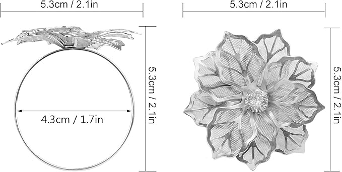 Picowe Set of 12 Alloy Napkin Rings with Hollow Out Flower Napkin Ring Holders for Wedding Party Holiday Banquet Christmas Dinner Delicate Serviette Buckles Decor Favor (Silver)