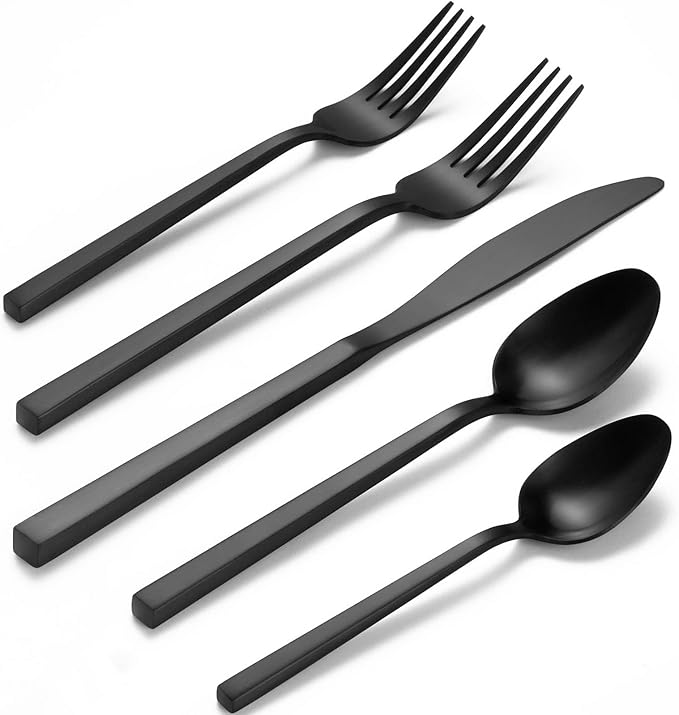 Alata Cube Matte Satin&Cube Black 20-Piece Forged Silverware Set Stainless Steel Flatware Set