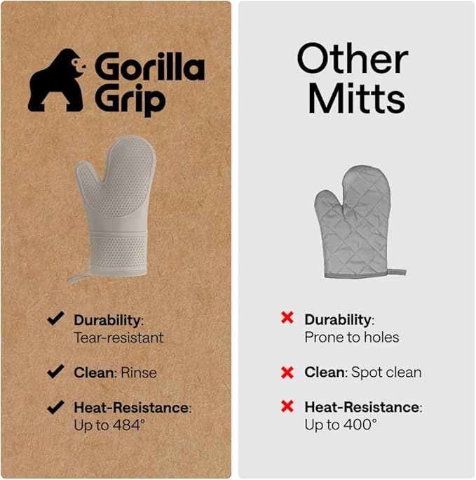 GORILLA GRIP BPA-Free Soft Silicone Oven Mitts, Heat Resistant and Waterproof Cooking Gloves, Thick Cotton Lining, Flexible Gripping for Baking Grilling, Kitchen Potholders Set of 2, 12.5x8.3, Almond