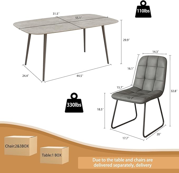 55.1'' Modern Dining Table Set for 4, Gray Wood Table with 4 Faux Leather Chairs, Kitchen & Dining Room Furniture Set, Space-Saving Table and Chairs for Apartment, Home, Small Spaces