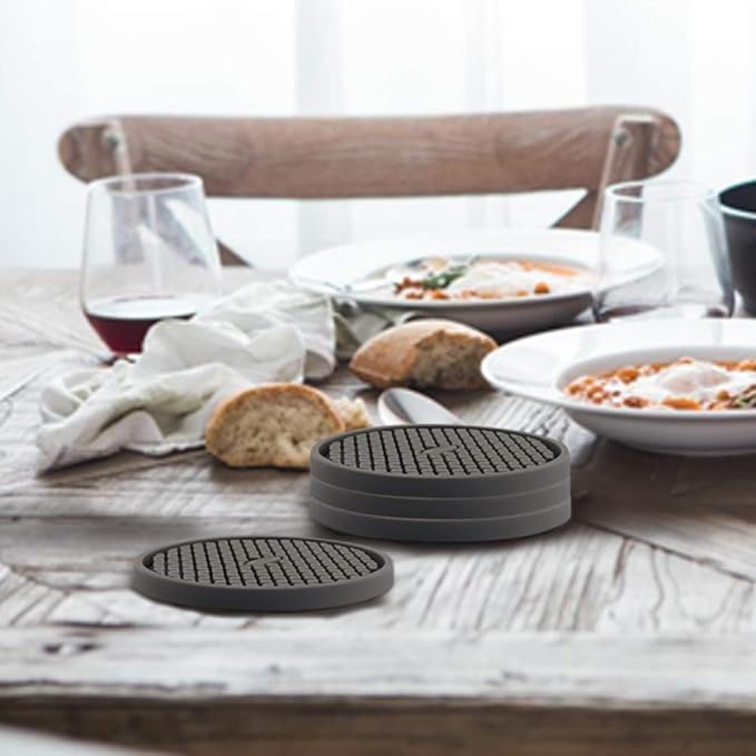 ME.FAN Silicone Coasters [6 Pack] Thickened Drink Coasters with Holder - Cup Mat - Non-Slip, Non-stick, Stay Put, Deep Tray - Prevents Furniture and Tabletop Damages(Gray)