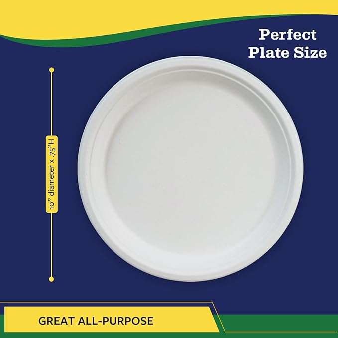 10” Compostable Plates, 125-Pack | Biodegradable Sugarcane | Sturdy, Microwave-Safe Disposable Plates for Parties & Events