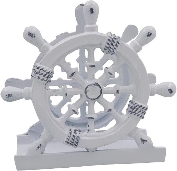 THDC Nautical Napkin Holder, Lunch, Dinner, Nautical Collection Napkin Holder, Made of Metal (Wheel Distressed White)