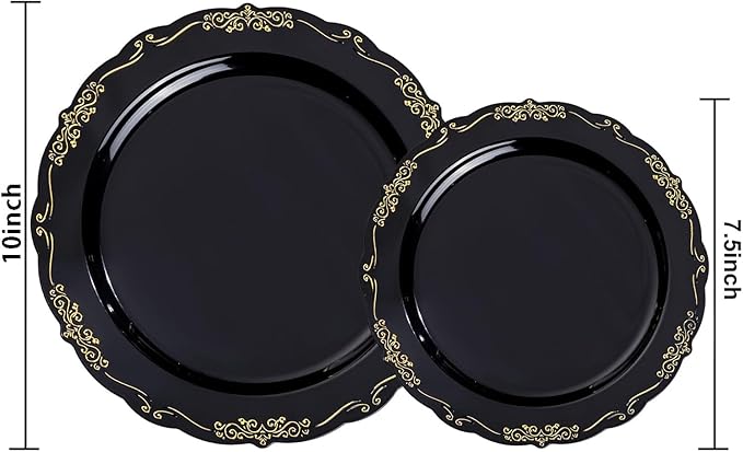 U-QE 100PCS Black and Gold Plastic Plates - Heavy Duty Black Disposable Plates Including 50PCS 10'' Dinner Plates & 50PCS 7.5'' Dessert Plates - Hard Plastic Plates for Party