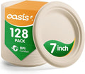 7 Inch 128 Pack Compostable Disposable Paper Plates, Heavy Duty Sugarcane Bagasse Plates, Biodegradable Eco-Friendly for Snacks & Parties, Unbleached Natural