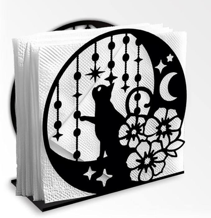 Cat Moon Decorative Black Metal Napkin Holder for Table, 4.9" x 4.9" x 2" Kitty Flower Standing Napkin Holder for Home Kitchen Restaurant Picnic Party Coffee Bar Dining Room