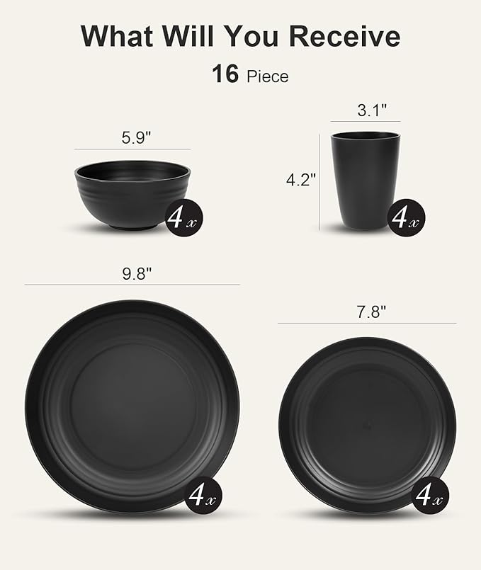 Quatish 16 Piece Plates and Bowls Sets for 4, Unbreakable Dinnerware Sets, Plastic Dish Set for Camping, Dishwasher Microwave Safe, Outdoor Kitchen and Apartment Dinning RV Essentials, Black