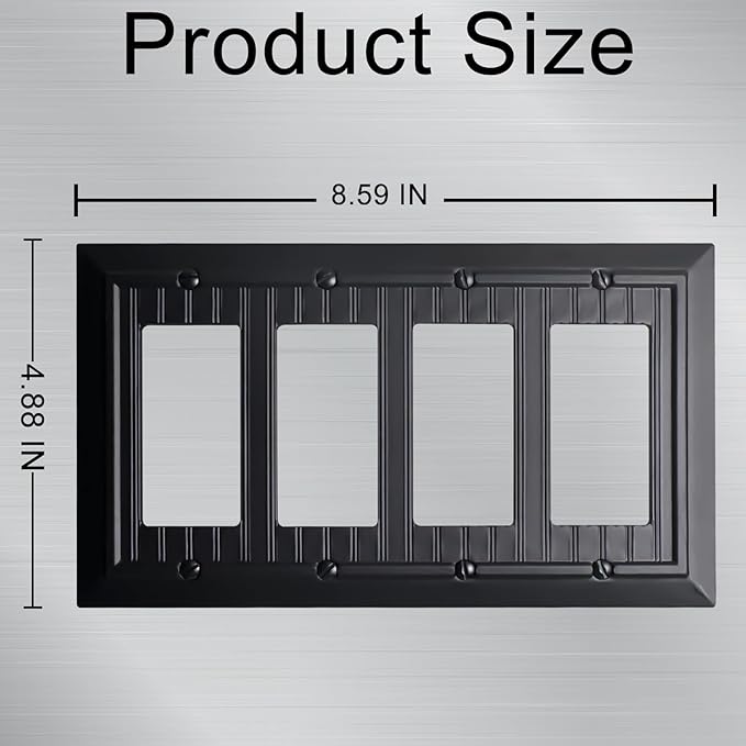 Beadboard Outlet Covers Wall Plates, Bamboo Fiber Light Switch Covers, Natural Material Electric Receptacle Decorative Switch Plate Outlet Cover Matte Black (4 Gang Decorator 1 Pack)