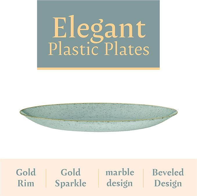 PLASTICPRO 30 Pack Disposable Plastic Plates Heavyweight Granite Look Elegant 9 inch Dinner Plates Green with Gold Rim