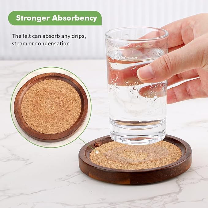 Wood Cork Coasters for Drinks Absorbent with Holder, WLWNWFT Acacia Wood Coaster Sets Rustic Farmhouse for Coffee Table Dining Table Wooden Table Coasters for Desk, Set of 6 4.33in