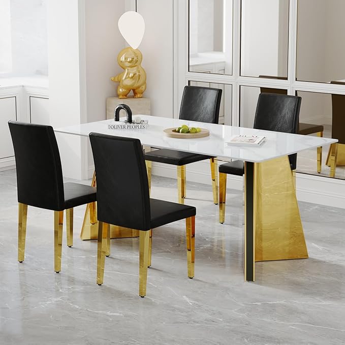 Dining Chairs Set of 4,Faux Leather with Gold Metal Legs,Armless Kitchen Room Chairs Set of 4,Max Load 300 Lbs,High Back Modern Design for Home Kitchen Living Room Bedroom