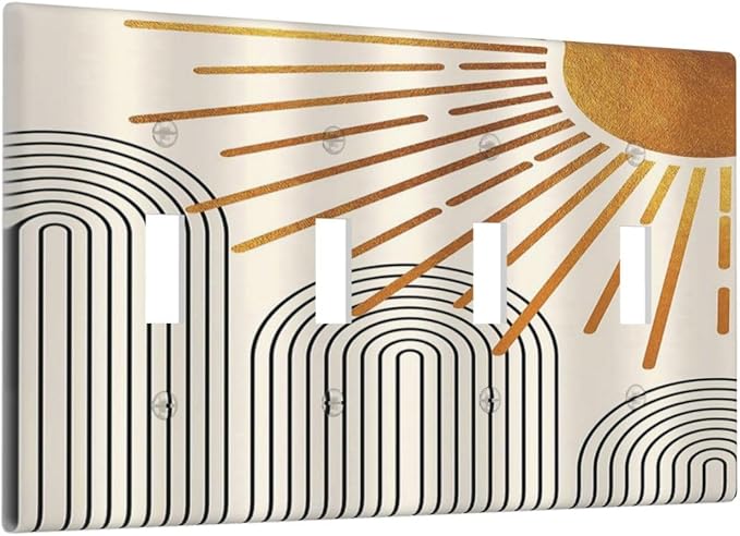 Light Switch Cover Mid Century Boho Sun Beige Minimalist Abstract 4 Gang Switch Plate Quad Toggle Wall Plates Decorative Switchplate Electrical Outlet Cover for Bathroom Bedroom Decor