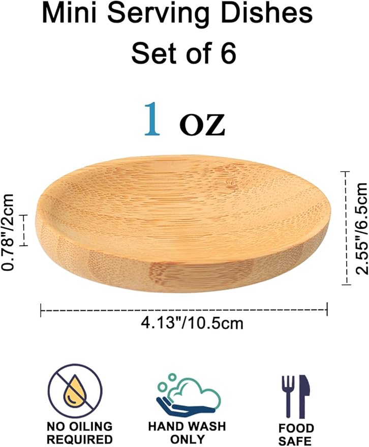 Mini Serving Dishes, Bamboo Small Appetizer Plates for Desserts/Charcuterie/Snacks, Dipping Sauce Bowls Set for Condiments/Spice/Tomato Sauce, Mini Sushi Plates, 1 oz 6 Pcs