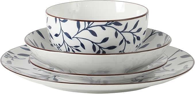 Gibson Home Palace Suite 16-Piece Dinnerware Set, Blue Floral Stoneware Plates & Bowls, Service for 4, Round Durable Everyday Dish Set
