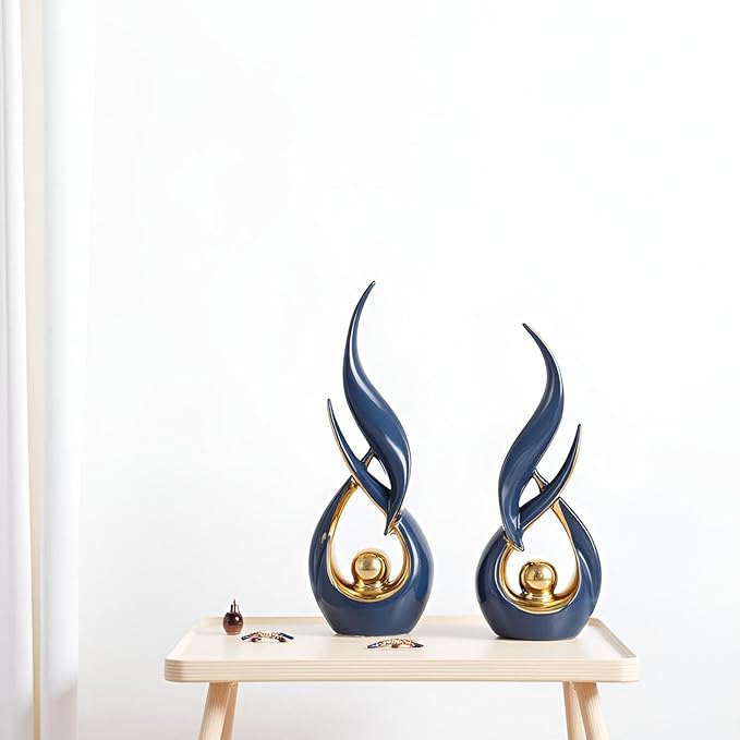 XMGZQ Gold Ceramic Abstract 2 Piece Statue Set,Mid Century Modern Abstract Art Home Decor Statue Mantelpiece on Unique Shelf Decor, TV Cabinet Divider Table top and Dining Table Centerpiece (Blue)