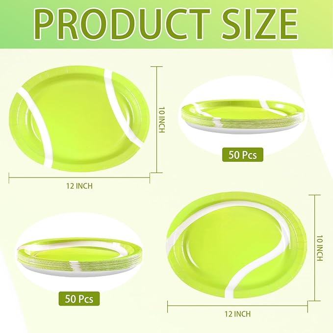50Pcs Tennis Oval Paper Plates 10" x 12" Large Disposable Heavy Duty Classic Tennis Ball Paper Platters Sports Themed Dessert Plates for Men Women Kids Sports Birthday Party Supplies