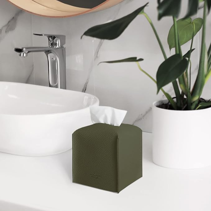 Carrotez Tissue Box Cover, [Refined] Modern PU Leather Square Tissue Box Holder - Decorative Holder/Organizer for Bathroom Vanity Countertop, Night Stands, Office Desk & Car 5"X5"X5" - Khaki