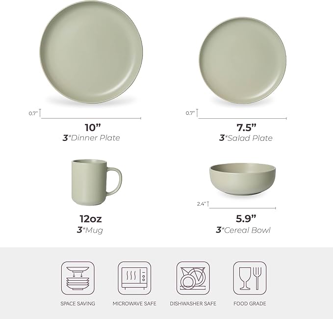 12-Piece Stoneware Dinnerware Set with Mugs | Microwave and Dishwasher Friendly | Stackable Matte Glaze Plates & Bowls | Service for 3 (Green for 3)