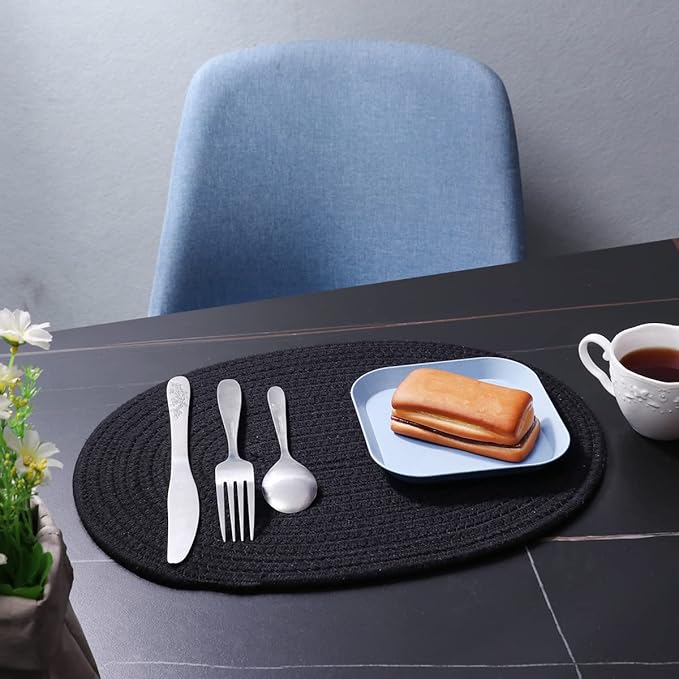 6 Pack Woven Placemats Fabric Tablemats, 12x16 inches Plate Chargers Cotton Weave Placemat Oval Braided Rattan Tablemats for Kitchen Dining Table Outdoor Party Wedding Decoration (Black)