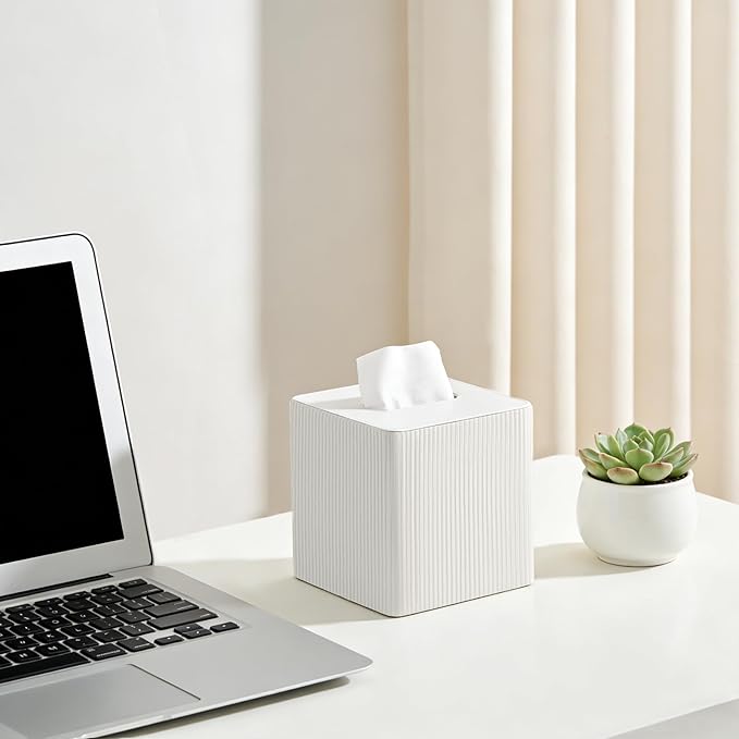 Mkono Tissue Box Cover PU Leather Square Tissue Box Holder with Bottom, Decorative Facial Cube Organizer for Bedroom Bathroom Dresser Vanity Countertop Night Stands Home Office Desk (Ivory)