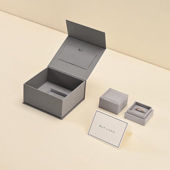 Oirlv Ring Gift Box with Lid Magnetic Gray Boxes for Wedding Proposal Gift Birthday Present with Card(Gray)
